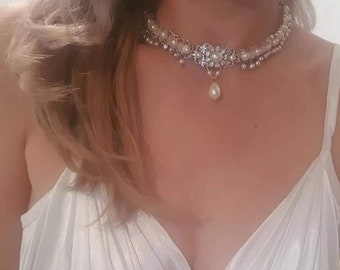 Bridal Pearls Choker 1920s Style Wedding Jewelry Silver Chain Ivory Pearls Rhinestone Wedding Victorian Necklace  Silver Collier Vintage