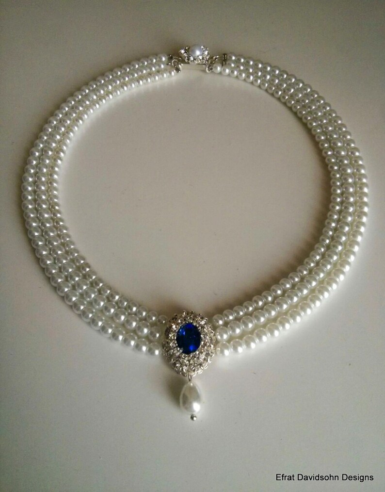 Sapphire Necklace Wedding Pearl Bridal Choker Pearl Rhinestone Etsy