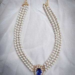 Gold triple strand pearls Sapphire Necklace Wedding Pearl Bridal Choker Rhinestone Something Blue Multi Row Vintage Jewelry Lady D OOAK image 5