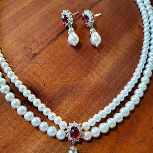 Wedding Set Pearls and Ruby Red Stone Ivory White Pearls Necklace And Earrings Bridal Set Drop Pearl Vintage Style Necklace Red Ruby Choker image 3