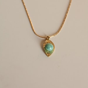 Genuine Turquoise Necklace: Gold Leaf Pendant, Dainty Gemstone Jewelry