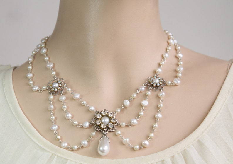 Wedding Pearl Necklace Victorian Bridal Vintage Bridal Necklace Wedding Victorian Necklace pearl Necklace Rhinestone Silver collier Florence image 3