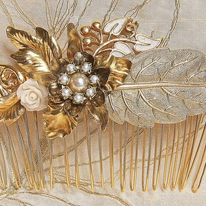 Bridal Hair Comb Pearls Vintage Wedding Hair comb Flower Vintage Shabby Chic Bride Hair Comb Gold Leafs Hair Piece Leafs Pearls Victorian image 2