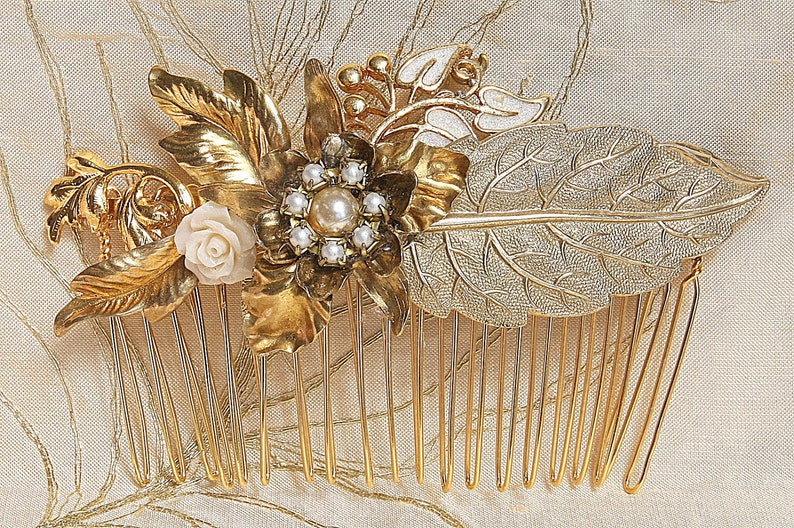 Bridal Hair Comb Pearls Vintage Wedding Hair comb Flower Vintage Shabby Chic Bride Hair Comb Gold Leafs Hair Piece Leafs Pearls Victorian image 2