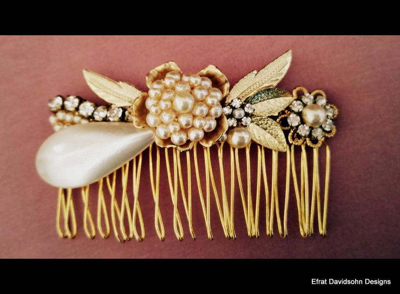 Bridal Golden hair comb Wedding Comb Pearl comb hair wedding hair comb Pearl bride comb wedding hair Rhinestone bridal hair Rhinestone piece image 2