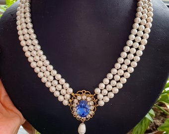 Sapphire Pearl Bridal Choker: Gold Triple Strand Rhinestone Necklace