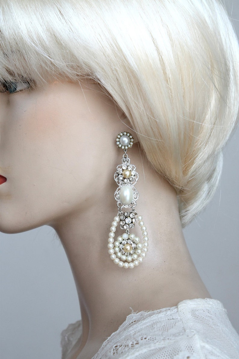 Bridal Chandelier Earrings Golden Filigree and Swarovski Crystal Rhinestone and Pearl Chandeliers Victorian Earrings Ivory Cream Pearls image 2