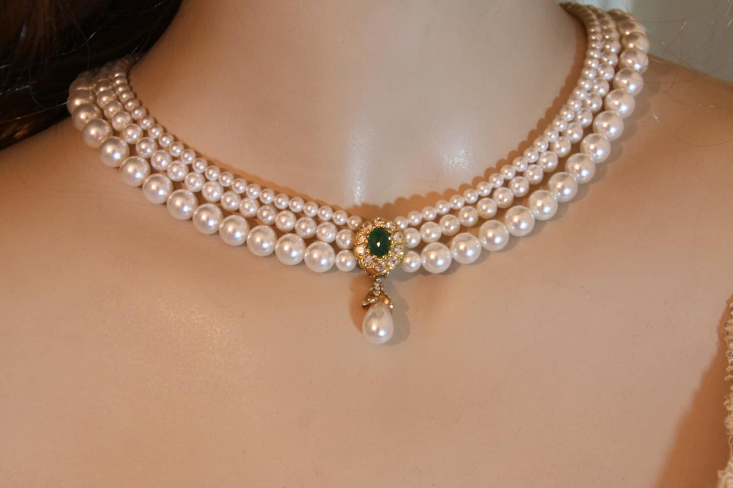 Gold Pearl Gemstone Necklace - South India Jewels