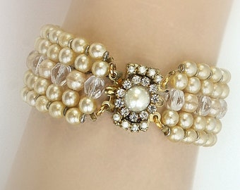 Bridal Bracelet Pearls ,Wedding Bracelet Rhinestone Pearls ,wedding Jewelry,Bridal Cuff,Vintage Style Wedding,Ivory Cream Pearls Bracelet