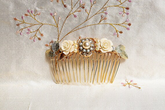Vintage Hair Comb gold‎ pearls. Vintage Style Bridal Hair Comb: Gold Wedding Hair Piece With  main image 4