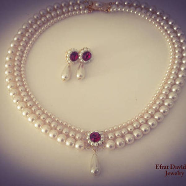 Wedding Set Pearls and Ruby Red Stone Ivory Cream Pearls Necklace And Earrings Bridal Set Drop Pearl Vintage Style Necklace Red Ruby Choker