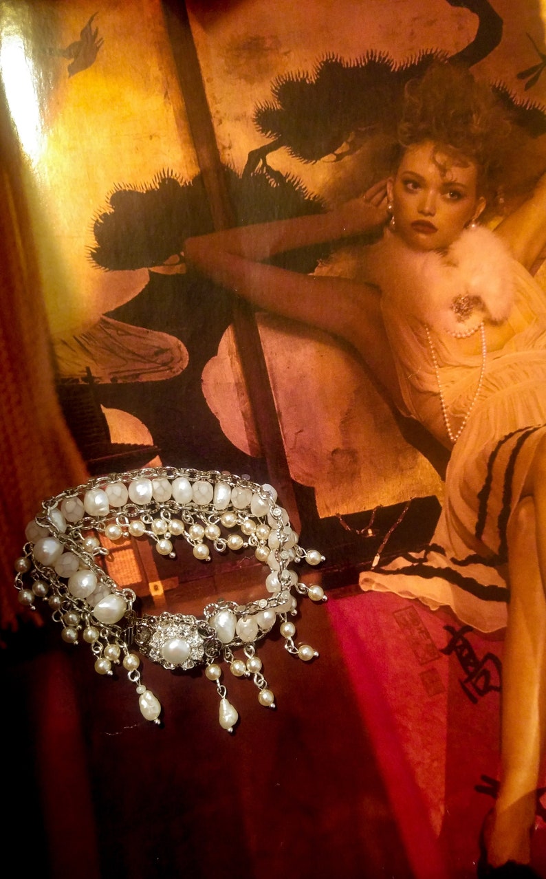 Bridal Bracelet Pearls Wedding Bracelet Rhinestone Vintage Style Bride Bracelet Victorian Jewelry Wedding Jewelry Crystals Bracelet 1920s image 8