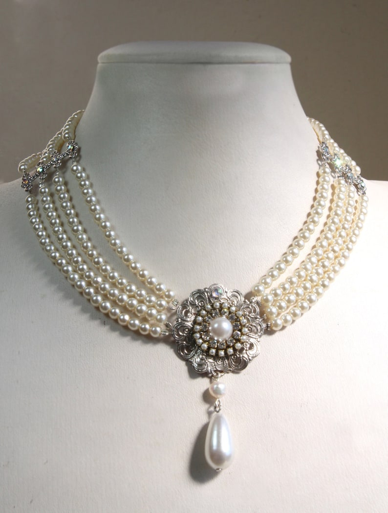 Bridal Pearls Choker Silver Filigree Ivory Pearls Rhinestone - Etsy