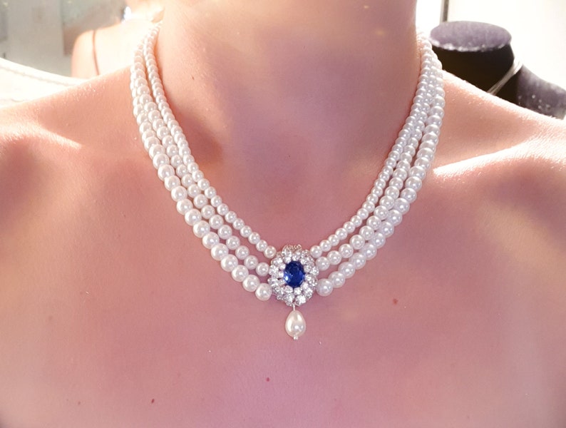 Sapphire Necklace Wedding Pearl Bridal Choker Pearl Rhinestone Etsy