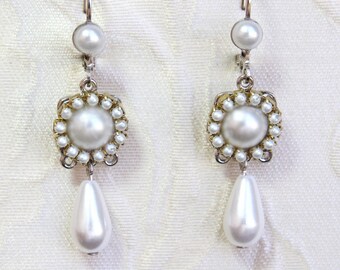 Bridal Earrings Pearly Wedding Ivory White Tiny Pearls Bride Earrings Vintage Bride Earrings Victorian Bridesmaids Gift Drop Pear Earrings