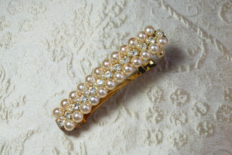 Belle Bridal Wedding Jewelry Golden Barrett Hand Beaded Hair Clip Swarovski Ivory Pearls, Rhinestone Luxe Vintage Headpiece Accessories image 1