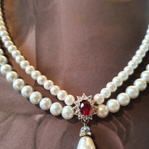 Wedding Set Pearls and Ruby Red Stone Ivory White Pearls Necklace And Earrings Bridal Set Drop Pearl Vintage Style Necklace Red Ruby Choker image 4