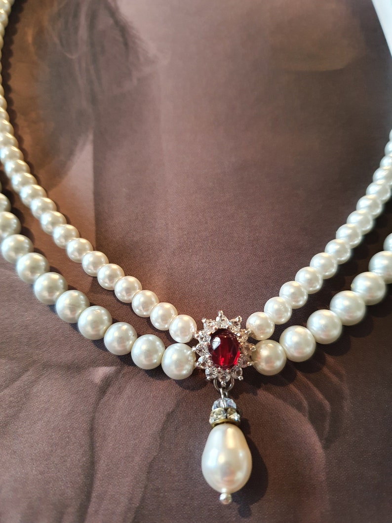 Wedding Set Pearls and Ruby Red Stone Ivory White Pearls Necklace And Earrings Bridal Set Drop Pearl Vintage Style Necklace Red Ruby Choker image 4