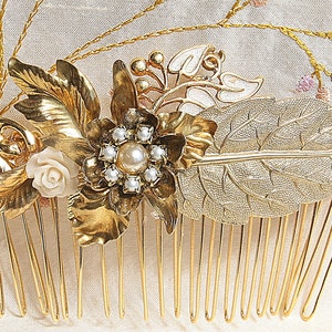 Bridal Hair Comb Pearls Vintage Wedding Hair comb Flower Vintage Shabby Chic Bride Hair Comb Gold Leafs Hair Piece Leafs Pearls Victorian image 4