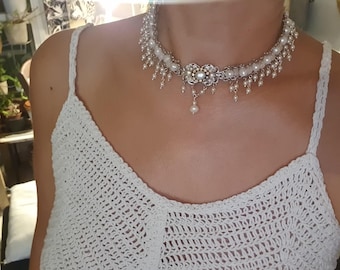 Vintage Style Bridal Choker: Pearl Rhinestone Wedding Necklace