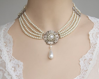 Bridal Pearls Choker - Silver Filigree Ivory Pearls Rhinestone Weddings Necklace Collier Israel Vintage Hollywood style