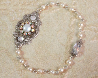 Bridal bracelet - Wedding Vintage Silver Flower Filigree Freshwater Pearls Rhinestone And Swarovski Pearls Bridal Jewelry