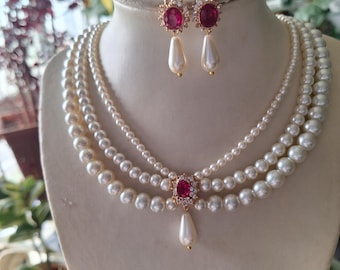 Bridal Pearl Choker Necklace And Earrings Set: Red Ruby, Vintage Victorian Style