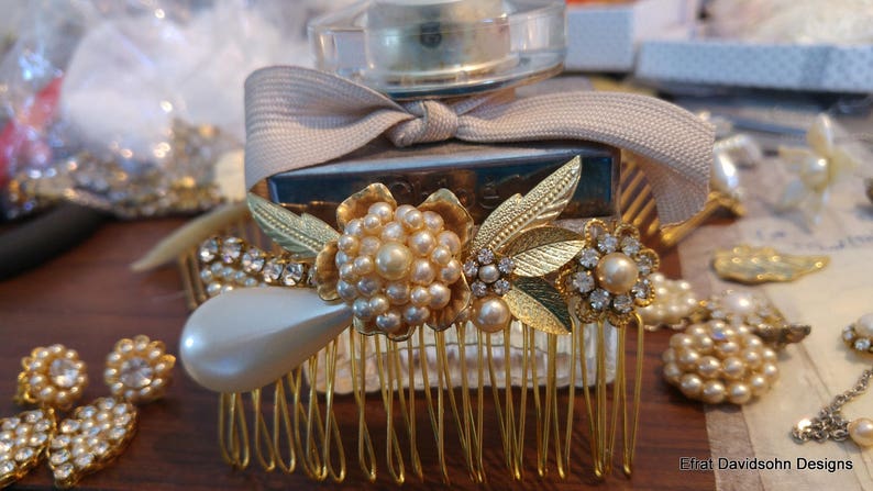 Bridal Golden hair comb Wedding Comb Pearl comb hair wedding hair comb Pearl bride comb wedding hair Rhinestone bridal hair Rhinestone piece image 4