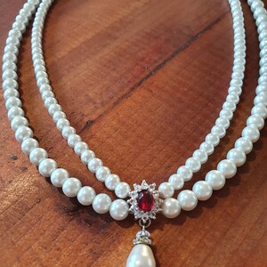 Wedding Set Pearls and Ruby Red Stone Ivory White Pearls Necklace And Earrings Bridal Set Drop Pearl Vintage Style Necklace Red Ruby Choker image 5