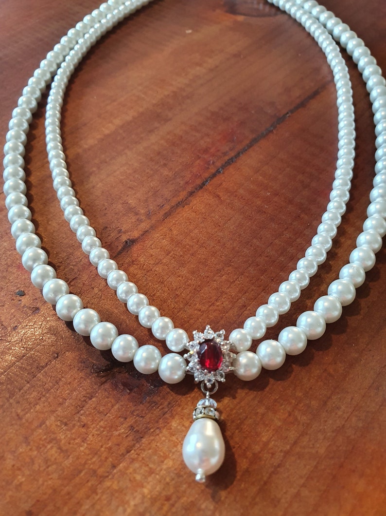 Wedding Set Pearls and Ruby Red Stone Ivory White Pearls Necklace And Earrings Bridal Set Drop Pearl Vintage Style Necklace Red Ruby Choker image 5