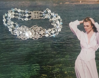 Vintage Style Bridal Bracelet: Swarovski Crystals, Pearls, Silver Filigree