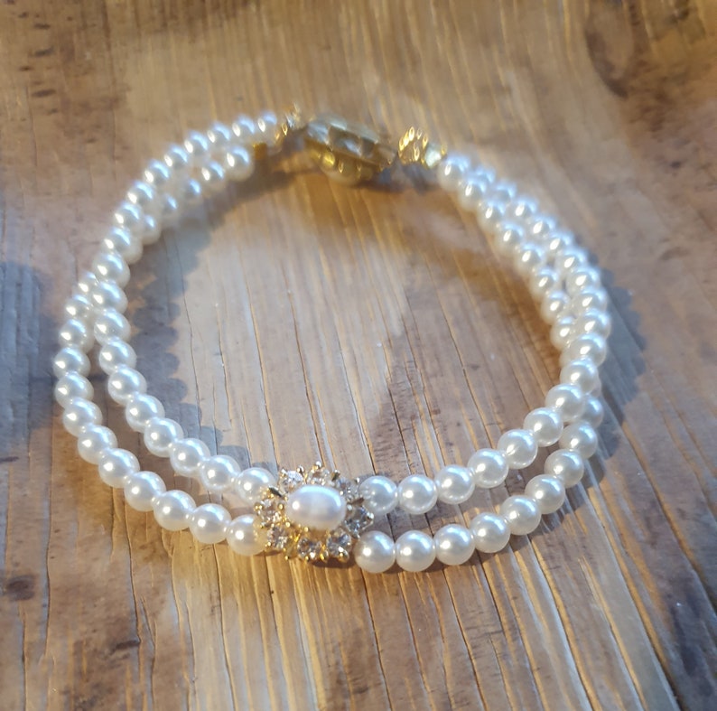 Bridal Bracelet, Rhinestone and Pearls, Victorian Jewelry ,Wedding , Gold OR Silver, Swarovski Rhinestone Crystals, Ivory White Pearls Jane image 6
