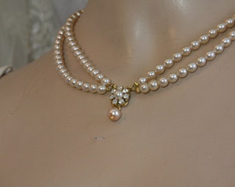 Vintage Bridal Pearl Choker: Ivory Double Strand Necklace, Rhinestone Flower
