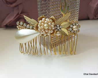 Bridal Golden hair comb Wedding Comb Pearl comb hair wedding hair comb Pearl bride comb wedding hair Rhinestone bridal hair Rhinestone piece