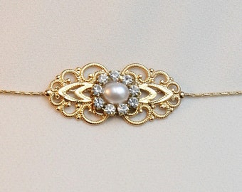 Gold Bridal Belt Sash Rhinestone Crystal Pearls Victorian Vintage Style Jewelry Wedding Dress Belt Accessory Unique Bridal Sash Chain