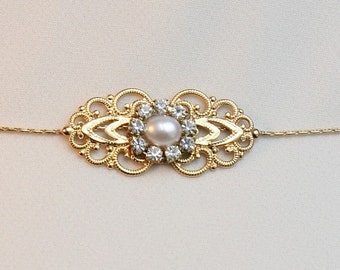 Gold Bridal Belt: Rhinestone Pearl Victorian Sash, Wedding Dress Accessory