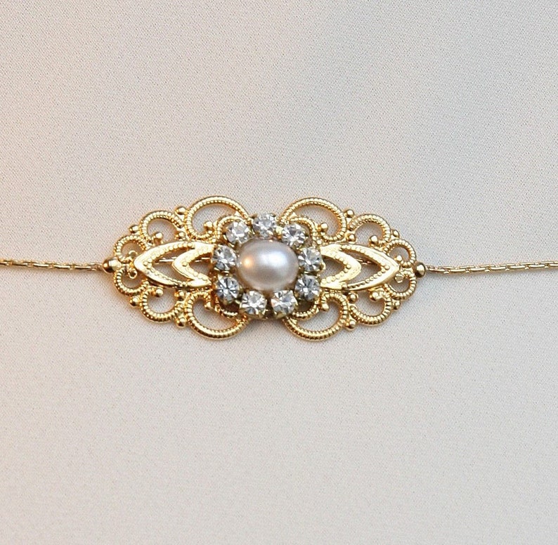 Gold Bridal Belt Sash Rhinestone Crystal Pearls Victorian Vintage Style Jewelry Wedding Dress Belt Accessory Unique Bridal Sash Chain image 1