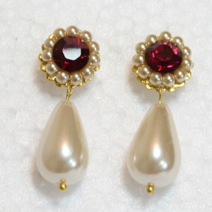 Wedding Earrings,Red Ruby Earrings,Bridal Earrings,Drop Pearl,Ivory Cream Pearl Rhinestone,1920&#39;s Vintage Wedding chandelier,Wedding Bridal