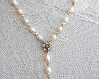 Bride Pearls Necklace Necklace Bridal Jewelry Vintage Necklace White Ivory Freshwater Pearls Silver Swarovski Rhinestone Pearls Necklace