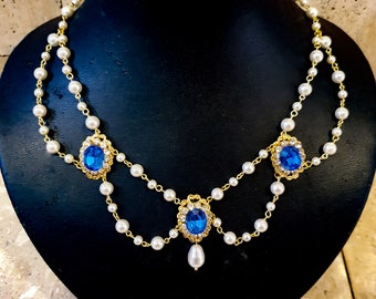 Colar de pérolas douradas para noivas: gargantilha de casamento vitoriana com safira azul