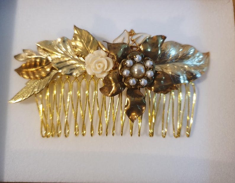 Bridal Hair Comb Pearls Vintage Wedding Hair comb Flower Vintage Shabby Chic Bride Hair Comb Gold Leafs Hair Piece Leafs Pearls Victorian image 8