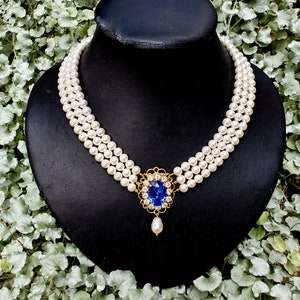 Gold triple strand pearls Sapphire Necklace Wedding Pearl Bridal Choker Rhinestone Something Blue Multi Row Vintage Jewelry Lady D OOAK image 2