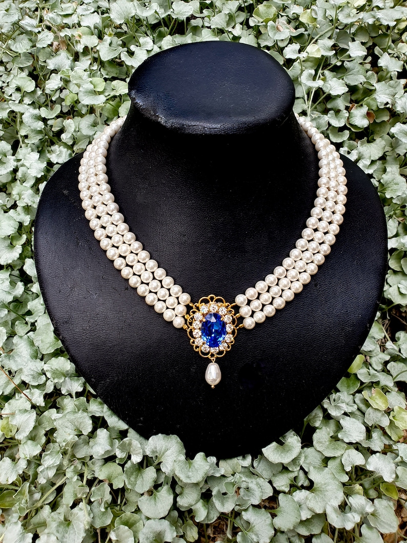 Gold triple strand pearls Sapphire Necklace Wedding Pearl Bridal Choker Rhinestone Something Blue Multi Row Vintage Jewelry Lady D OOAK image 2