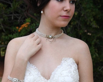 Victorian Bridal Jewelry Set: Pearl Chandelier Earrings & Rhinestone Bracelet
