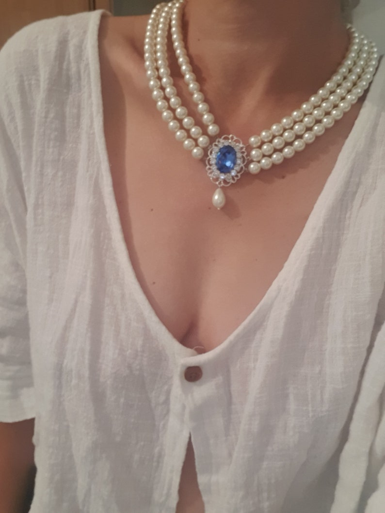 Gold triple strand pearls Sapphire Necklace Wedding Pearl Bridal Choker Rhinestone Something Blue Multi Row Vintage Jewelry Lady D OOAK image 3