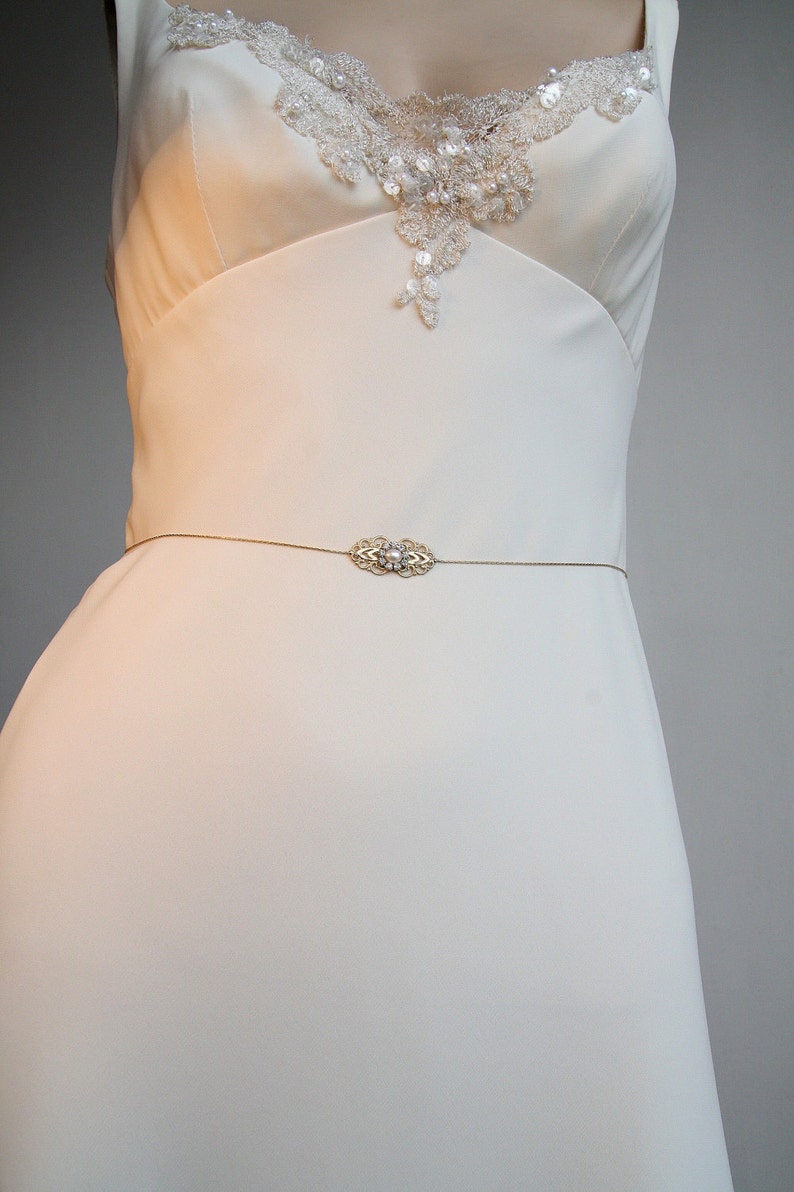 Gold Bridal Belt Sash Rhinestone Crystal Pearls Victorian Vintage Style Jewelry Wedding Dress Belt Accessory Unique Bridal Sash Chain image 2