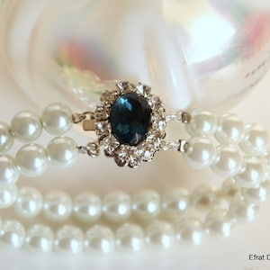 Wedding Bracelet Bridal White Pearl Rhinestone Something Blue Sapphire Stone Multi Row Double Pearl Crystal Bracelet Vintage Jewelry Lady D