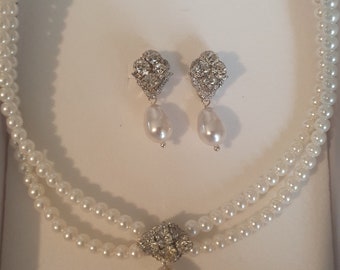 Bridal set Chandelier Earrings and choker Wedding Pearl Earrings Sterling Silver Wedding Set Jewelry  Drop Pearls Earrings Classic OOAK