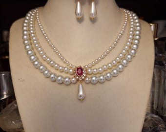 Perlen Brautschmuck Set: Rubin Halsreif, Ohrhänger