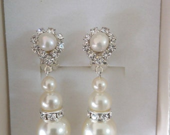 Ivory Pearl Bridal Earrings: Swarovski Rhinestone Silver Chandelier, Clip-on or Post